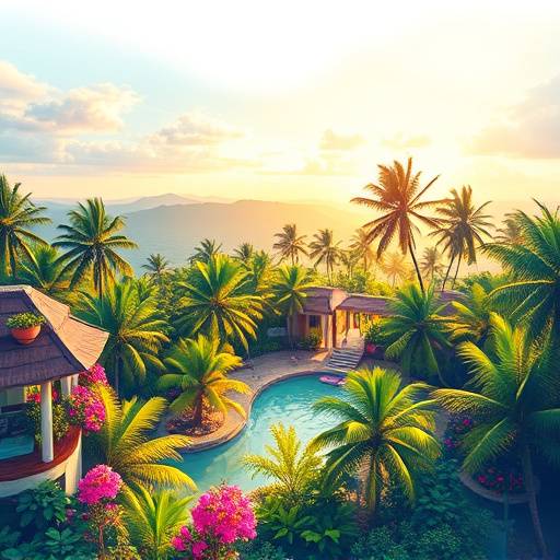 Camiseta branca com ilustraäão colorida de paisagem tropical
