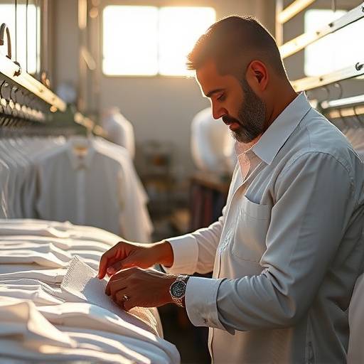Foto de Gustavo Silva, gerente de produäão da Camisaria Sol Nascente, inspecionando a qualidade de um tecido