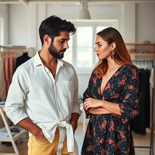 Pedro Albuquerque e Mariana Santos, fundadores da Camisaria Sol Nascente, trabalhando juntos no atelier
